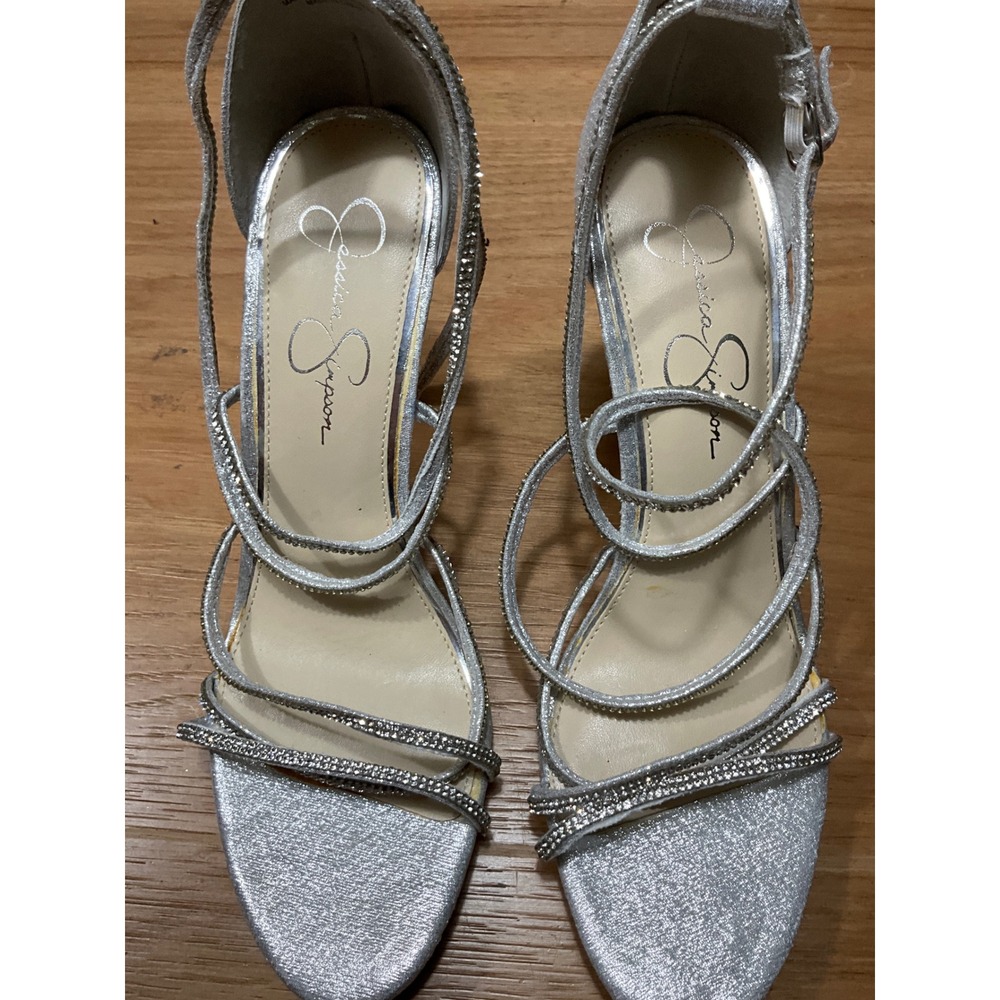 Jessica Simpson Silver Glitter Rhinestone Strappy Stiletto Sandals Heels 11M